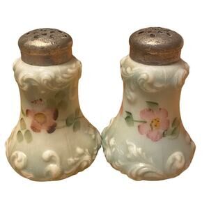 FOSTORIA Glass Antique Salt & Pepper Shakers Set (Blue/Green/Pink/White), Floral